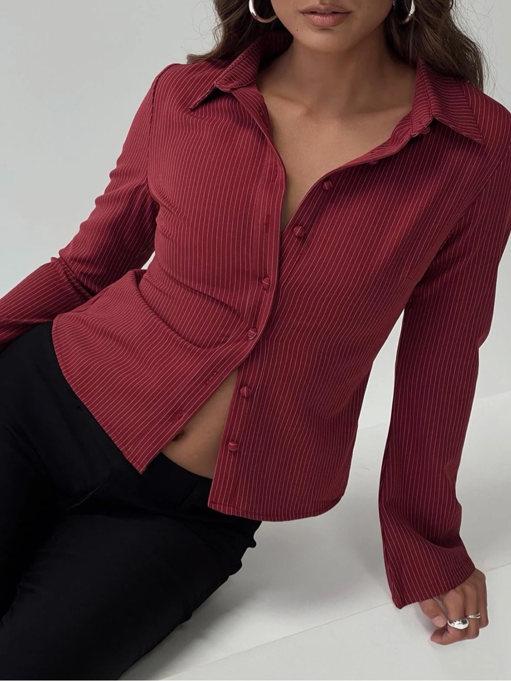 Princess Polly Burgundy Pinstripe Button-Down Shirt